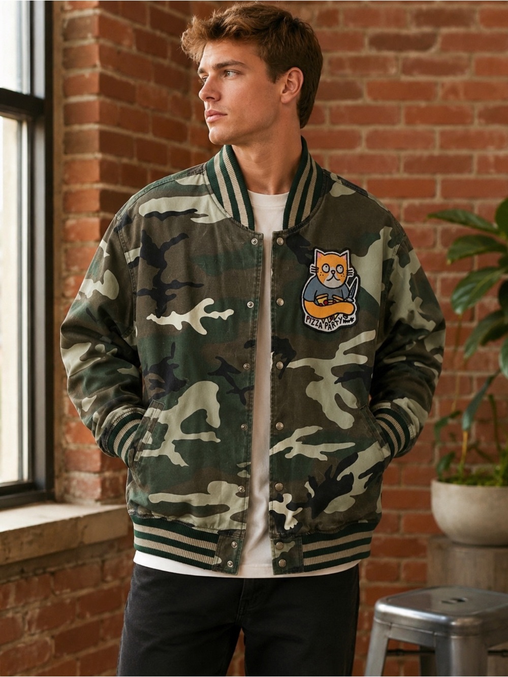 Mishka Brooklyn Camo Varsity Jacket Pizza Party Cat Patch XL